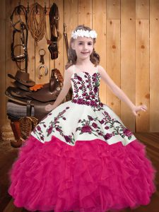 Amazing Hot Pink Ball Gowns Embroidery and Ruffles Child Pageant Dress Lace Up Organza Sleeveless Floor Length