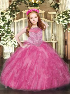 Hot Pink Zipper Little Girls Pageant Dress Beading and Ruffles Sleeveless Floor Length