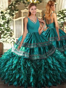 Delicate Satin and Organza V-neck Sleeveless Backless Ruffles Quinceanera Dress in Teal