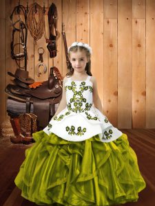 High Quality Floor Length Lace Up Pageant Gowns For Girls Olive Green for Sweet 16 and Quinceanera with Embroidery and Ruffles