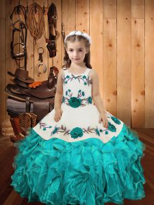 Great Floor Length Aqua Blue Little Girls Pageant Dress Wholesale Organza Sleeveless Embroidery and Ruffles