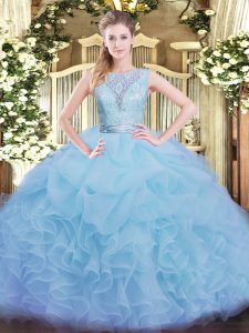 Lovely Aqua Blue Backless Scoop Lace and Ruffles Quinceanera Dress Organza Sleeveless