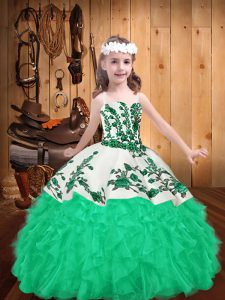 Graceful Ball Gowns Pageant Dress for Teens Turquoise Straps Organza Sleeveless Floor Length Lace Up