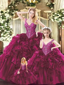 Straps Sleeveless Quinceanera Gown Floor Length Beading and Ruffles Red Organza