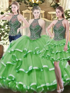 Ball Gowns Sweet 16 Dresses Green High-neck Organza Sleeveless Floor Length Lace Up