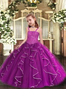 Excellent Floor Length Purple Evening Gowns Tulle Sleeveless Beading and Ruffles