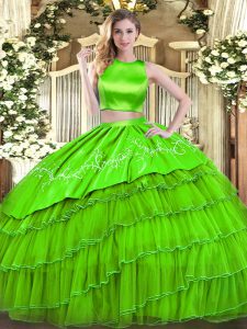 Sweet 16 Dress Military Ball and Sweet 16 and Quinceanera with Embroidery and Ruffled Layers High-neck Sleeveless Criss Cross