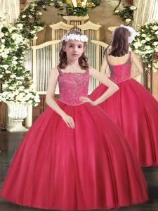 High Quality Coral Red Straps Lace Up Beading Little Girls Pageant Dress Wholesale Sleeveless