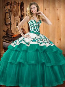 Customized Turquoise Sweetheart Lace Up Embroidery Quinceanera Dress Sweep Train Sleeveless