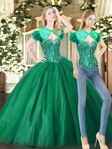 Glamorous Green Tulle Lace Up Sweetheart Sleeveless Floor Length 15 Quinceanera Dress Beading