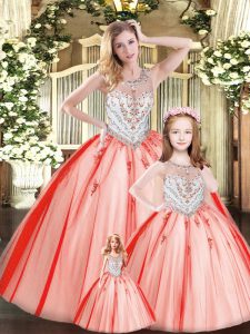 Shining Red Ball Gowns Tulle Scoop Sleeveless Beading Floor Length Lace Up Quinceanera Gown