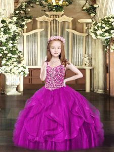 Floor Length Fuchsia Glitz Pageant Dress Spaghetti Straps Sleeveless Lace Up