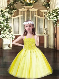 Yellow Sleeveless Floor Length Beading Lace Up Little Girls Pageant Dress
