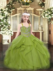 Olive Green Sleeveless Floor Length Beading and Ruffles Lace Up Pageant Gowns For Girls