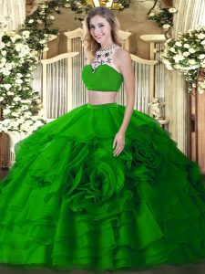 Best Selling Sleeveless Tulle Floor Length Backless 15th Birthday Dress in Green with Beading and Ruffled Layers