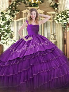 Eggplant Purple Ball Gowns Embroidery and Ruffled Layers 15th Birthday Dress Zipper Satin and Organza Sleeveless Floor Length