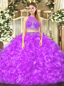 Sleeveless Floor Length Beading and Ruffles Zipper 15 Quinceanera Dress with Lilac