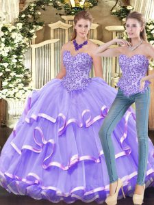 Lavender Sweetheart Neckline Appliques and Ruffled Layers Quinceanera Gowns Sleeveless Zipper
