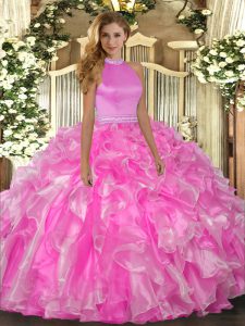Rose Pink Ball Gowns Organza Halter Top Sleeveless Beading and Ruffles Floor Length Backless Quinceanera Gowns