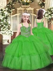 High End Beading and Ruffled Layers Little Girl Pageant Gowns Green Lace Up Sleeveless Floor Length