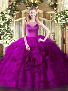 Enchanting Fuchsia Sleeveless Floor Length Beading and Ruffled Layers Side Zipper 15th Birthday Dress