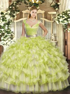 Sleeveless Floor Length Ruffled Layers Zipper Quinceanera Gowns with Yellow Green