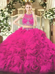 Flare Floor Length Zipper Quinceanera Gown Fuchsia for Military Ball and Sweet 16 and Quinceanera and Beach with Beading