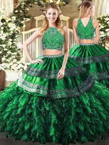 Dark Green Sweet 16 Dress Military Ball and Sweet 16 and Quinceanera with Beading and Ruffles High-neck Sleeveless Zipper