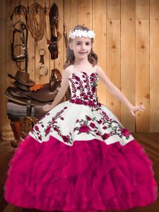 Lovely Fuchsia Ball Gowns Straps Sleeveless Organza Floor Length Lace Up Embroidery Child Pageant Dress