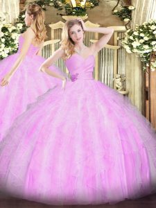 Customized Lilac Sleeveless Floor Length Beading and Ruffles Lace Up Quinceanera Gowns