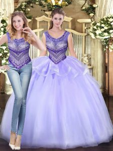 Lavender Scoop Lace Up Beading and Ruffles Quinceanera Gown Sleeveless