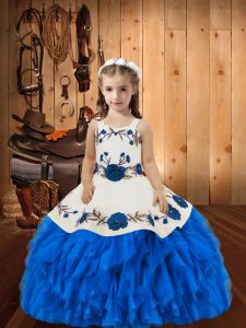 Simple Blue Pageant Dress Toddler Sweet 16 and Quinceanera with Beading and Ruffles Straps Sleeveless Lace Up