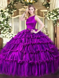 Stylish Scoop Sleeveless 15th Birthday Dress Floor Length Ruffled Layers Eggplant Purple Organza