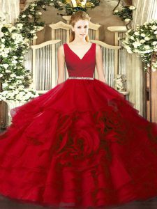 High Class V-neck Sleeveless Ball Gown Prom Dress Floor Length Beading Wine Red Fabric With Rolling Flowers