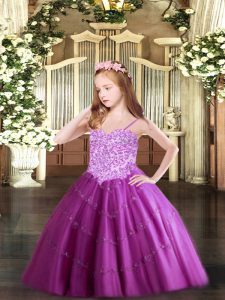 Fuchsia Tulle Lace Up High School Pageant Dress Sleeveless Floor Length Appliques