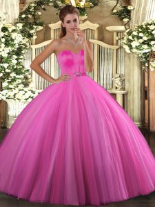 Best Selling Sweetheart Sleeveless Lace Up Quinceanera Gowns Rose Pink Tulle