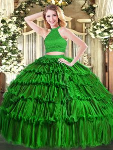 Perfect Green Ball Gowns Organza Halter Top Sleeveless Beading and Ruffled Layers Floor Length Backless Quinceanera Gowns