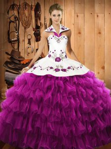 Best Selling Fuchsia Lace Up Sweet 16 Quinceanera Dress Embroidery and Ruffled Layers Sleeveless Floor Length