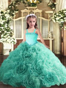 Admirable Floor Length Lace Up Little Girls Pageant Gowns Turquoise for Party and Quinceanera with Appliques