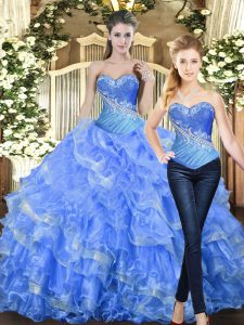 Luxury Baby Blue Lace Up Sweetheart Beading and Ruffles Quinceanera Gown Tulle Sleeveless