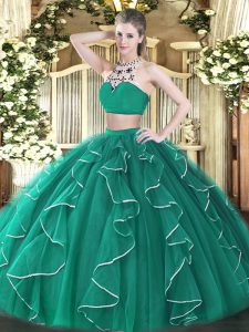 High-neck Sleeveless Tulle Quinceanera Dresses Beading and Ruffles Backless