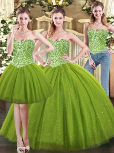 Olive Green Quinceanera Dress Military Ball and Sweet 16 and Quinceanera with Beading Sweetheart Sleeveless Lace Up