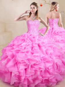 Chic Sleeveless Organza Floor Length Lace Up Sweet 16 Dress in Rose Pink with Beading and Ruffles