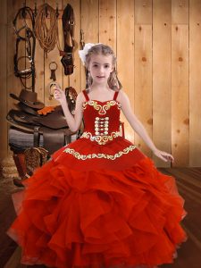 High Class Straps Sleeveless Organza Pageant Dress for Womens Embroidery and Ruffles Lace Up