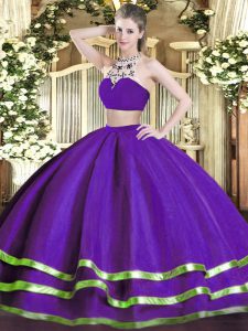 Sleeveless Floor Length Beading Backless 15th Birthday Dress with Purple