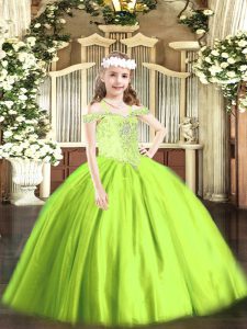 Beauteous Yellow Green Off The Shoulder Neckline Beading Pageant Dress for Teens Sleeveless Lace Up