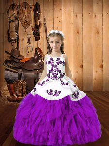 Straps Sleeveless Pageant Dresses Floor Length Embroidery and Ruffles Eggplant Purple Organza