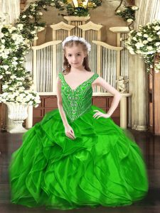 High End Green Organza Lace Up Child Pageant Dress Sleeveless Floor Length Beading and Ruffles