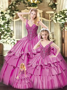 Adorable Floor Length Fuchsia Sweet 16 Quinceanera Dress V-neck Sleeveless Lace Up