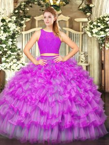 Stunning Scoop Sleeveless Sweet 16 Dresses Floor Length Ruffled Layers Fuchsia Tulle